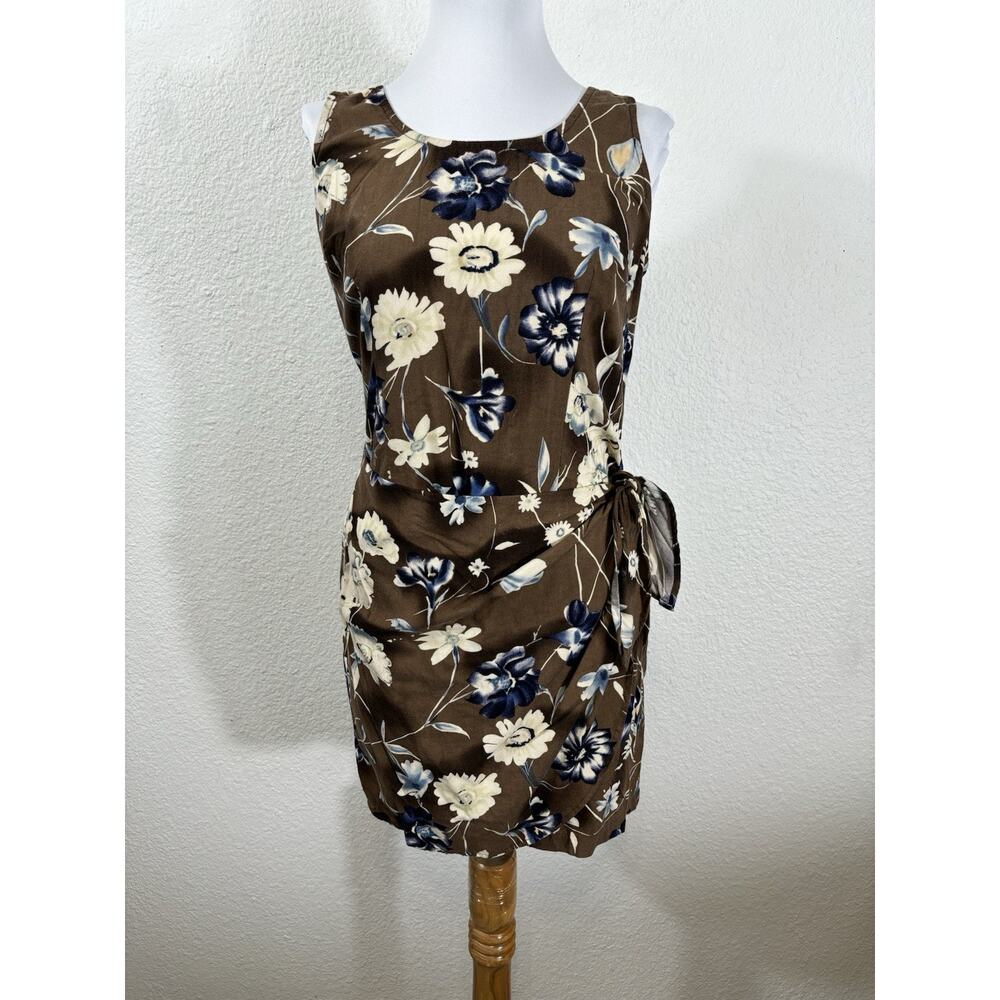 Vintage California Concepts Mini Dress S Brown‎ Floral Hawaiian Sarong Style